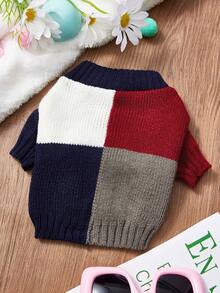 PETSIN 1 件蓝红灰混色宠物针织毛衣秋冬套头衫，干爽厚实保暖宠物服装 - 藍紅灰 - 查看 1