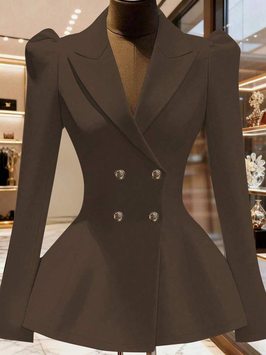 Franclia Áo khoác blazer nữ cổ bẻ tay bồng màu trơn cài hai hàng khuy thanh lịch - màu nâu - Xem 1