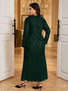 Modelyn Vestido elegante de manga larga con volantes, encaje floral y parches para mujer de talla grande - Verde Oscuro - Ver 2