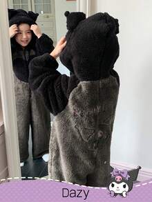 DAZY HELLO KITTY AND FRIENDS | SHEIN Young Girl Embroidered Color Block Hooded Long Sleeve Jumpsuit Pajama Thermal Lined, Winter - Black - View 2