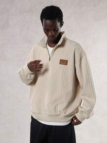 DAZY Textured Fabric Pullover Sweatshirt With Half-Zip Design For Men, Beige, Autumn - Light Khaki - View 4