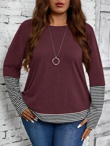 EMERY ROSE 大码女式纯色条纹拼接圆领宽松休闲长袖T恤，秋季女装 - 酒紅色 - 查看 5