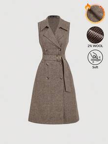 SHEIN MOD Abrigo largo sin mangas estilo trench de mujer minimalista y casual en color caqui con estampado de pata de gallo vintage, estilo "Old Money" para otoño/invierno