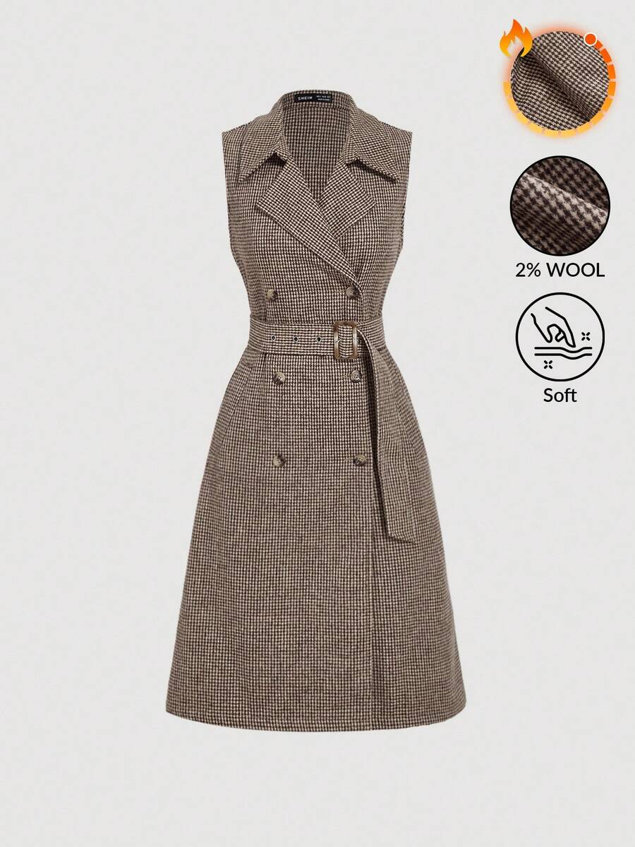 SHEIN MOD Abrigo largo sin mangas estilo trench de mujer minimalista y casual en color caqui con estampado de pata de gallo vintage, estilo "Old Money" para otoño/invierno