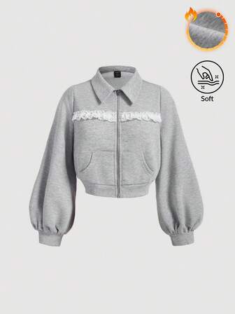 SHEIN MOD レース パッチワーク 長袖 ショート丈 スウェットシャツ レディース、スクールウェア、グレースウェットシャツ、カジュアルスウェットシャツ、秋冬の長袖トップス