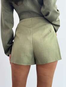 Firerie 女士优雅橄榄绿纯色不对称下摆高腰短裙，修身款，秋冬新款女装短裙，绿色，适合圣诞节，优雅短裙，女士冬季，秋季，外出穿着 - 橄欖綠 - 查看 10