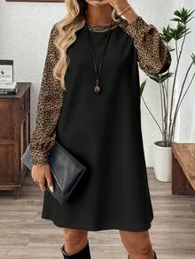 EMERY ROSE Women's Leopard Print Patchwork Round Neck Long Sleeve Straight Loose Casual Mini Dress - Multicolor - View 1