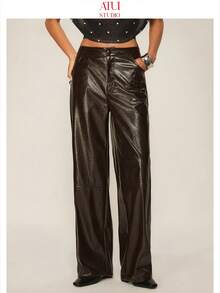ATUI Studio Women's PU Leather Pants, High Waist Cracked Texture, Straight Leg, Casual, Fashion Versatile, Suitable For Work And Occasions