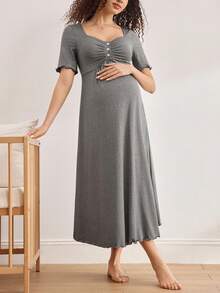 Moonlight&Mama Maternity Casual Solid Color Short Sleeve Nursing Nightgown - Grey - View 7
