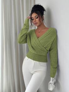 SHEIN Elenzya 女士时尚优雅纯色V领露背毛衣 - 綠色 - 查看 5