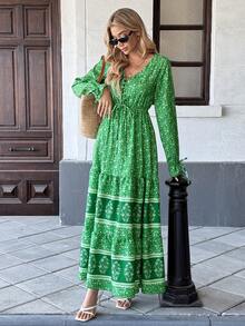 Breezaya Gaun Maxi Motif Bunga dengan Simpul di Depan, Lengan Bergelombang, dan Hem Berkerut untuk Pakaian Tahun Baru - Hijau - View 4