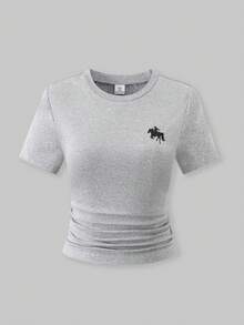 SHEIN ChillGRL 2件套少女条纹短款T恤和阔腿裤套装，休闲时尚装扮 - 灰色 - 查看 4