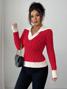 Elenzga Women's Autumn/Winter New V-Neck Patchwork 2 In 1 Fashionable Design Elegant Daily Commute Fitted Patterned Pullover Sweater - Red - View 6