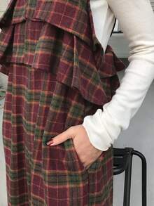 FRIFUL Women's Sleeveless Layered Ruffle Plaid Wide Leg Jumpsuit, Thick Warm Lining For Autumn/Winter Romper - Brown - View 1