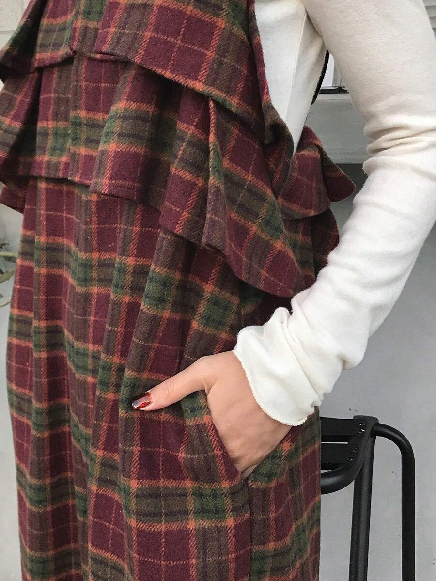 FRIFUL Women's Sleeveless Layered Ruffle Plaid Wide Leg Jumpsuit, Thick Warm Lining For Autumn/Winter Romper - Brown - View 1