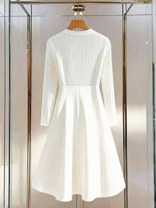 Franclia Women's Elegant Long-Sleeved Cream White Dress With Bow,Fitted Waist,Ribbed Fabric,Single-Breasted,Autumn Tea Party,Christmas,New Year Eve Outfits - White - View 2