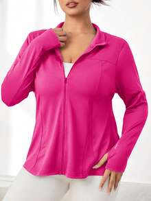 SHEIN Rhythm Era 女士休闲运动纯色拉链领长袖外套 - 玫紅色 - 查看 3