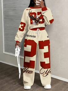 Slaydiva Conjunto de 2 piezas de top holgado de manga larga con cuello redondo y hombros caídos, y pantalones, en tallas grandes con contraste de colores - Multicolor - Ver 1