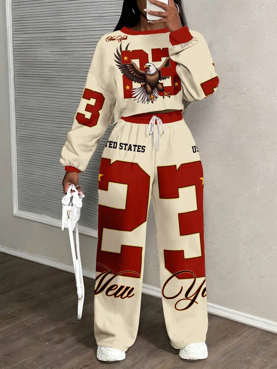 Slaydiva Conjunto de 2 piezas de top holgado de manga larga con cuello redondo y hombros caídos, y pantalones, en tallas grandes con contraste de colores - Multicolor - Ver 1