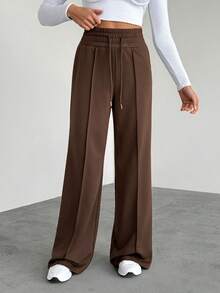 SHEIN Tall Women's Solid Color Drawstring Waist Wide Leg Loose Casual Sweatpants Graduation,Back To School,Graduation,Teacher For Women,Back To School - Brown - View 1