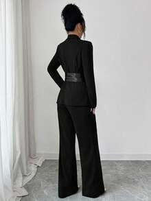 SHEIN Elenzya بليزر أنيق وأنثوي للنساء مع تقنيص الخصر، تصميم رقعة القماش، بنطلون ساق مستقيمة