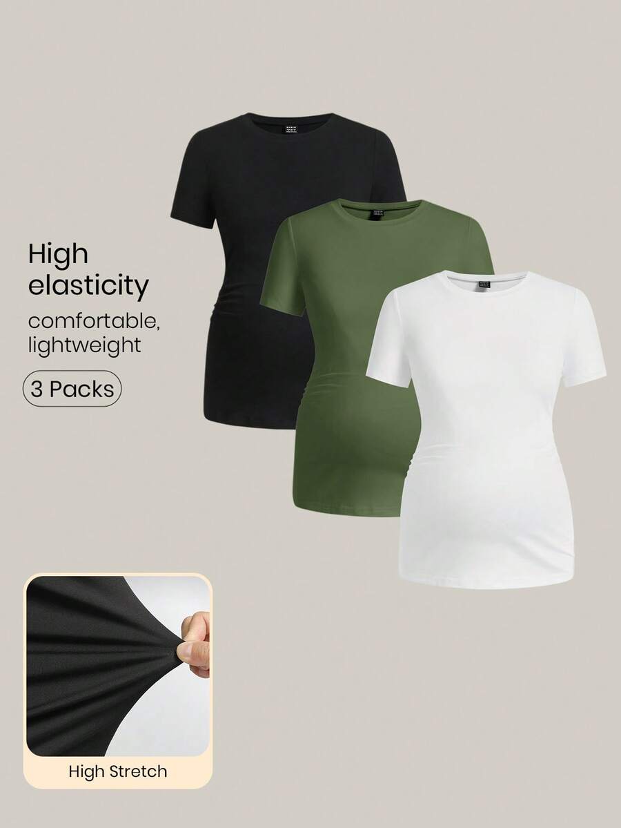 Modmama 孕妇纯色圆领短袖褶皱休闲 T 恤