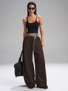 SHEIN EZwear Pantaloni marroni tinta unita alla moda, taglio morbido, pantaloni da tailleur per donna in autunno/inverno, taglie comode - Castano - Visualizzare 6