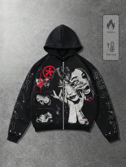 ROMWE MEN Anime Spring Casual Graphic Men's Japan Style Street Dark Figure Print Zip-Up Hoodie Sweatshirt, For Winter, Y2K