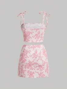 SHEIN MOD Women's Floral Print Tie Shoulder Camisole And Mini Skirt Casual 2-Piece Set - Baby Pink - View 2