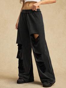 Easelle 女士休闲做旧街头风运动裤 - 黑色 - 查看 4