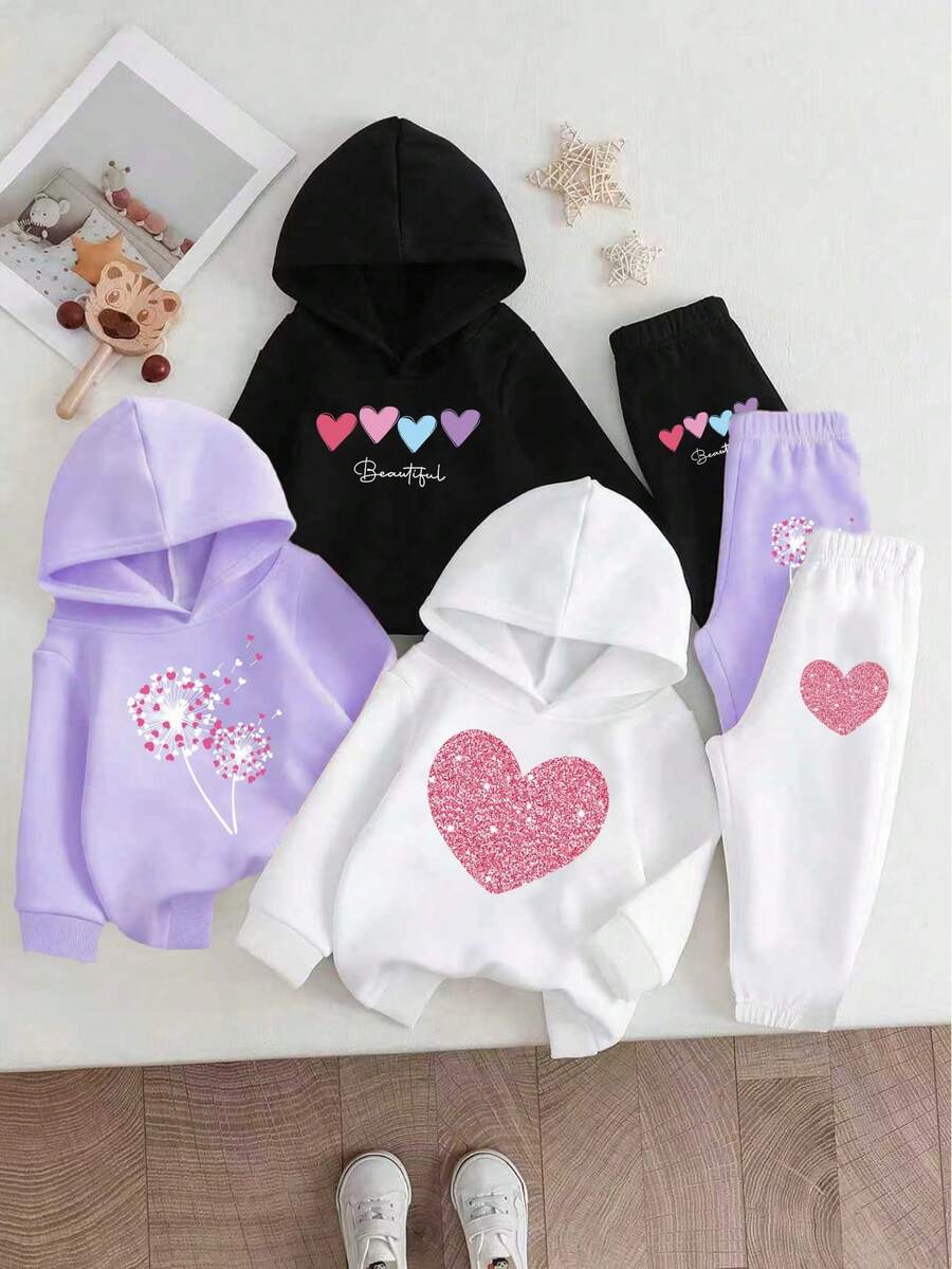 6件套舒适秋冬女婴套装,休闲时尚创意个性清新简约可爱卡哇伊彩色爱心蒲公英字母印花连帽卫衣+运动裤,舒适秋季日常穿着 - 彩色 - 查看 1