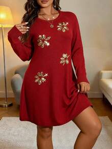 EMERY ROSE 大码女式纯色针织圆领亮片刺绣休闲优雅毛衣裙，适合圣诞节、万圣节、返校、浪漫度假、办公室穿着 - 紅色 - 查看 1