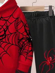 SHEIN 2 件套年轻男孩休闲时尚勇敢酷蜘蛛网印花宽松连帽运动衫套装，适合秋冬季 - 彩色 - 查看 5