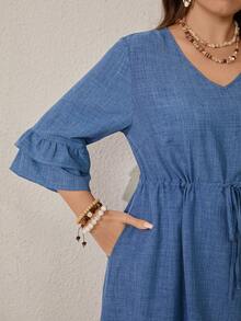 Miaspire 大码休闲纯色荷叶边抽绳腰连衣裙 - 藍色 - 查看 8