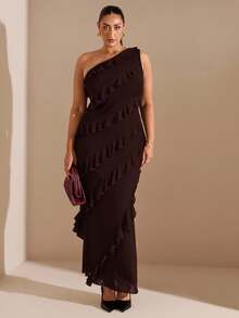 SHEIN BAE Plus Size Women Asymmetric Ruffle Hem Long Dress, Early Autumn - Coffee Brown - View 7