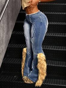 Jeanoix Quần jeans ống loe chắp vá mềm mại cỡ lớn dành cho nữ - Màu xanh lam - Xem 3