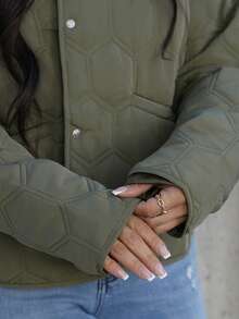 SAYEHFBABY 休闲几何圆领口袋加厚保暖聚酯纤维合成保暖冬季外套冬季夹克 - 軍綠色 - 查看 3