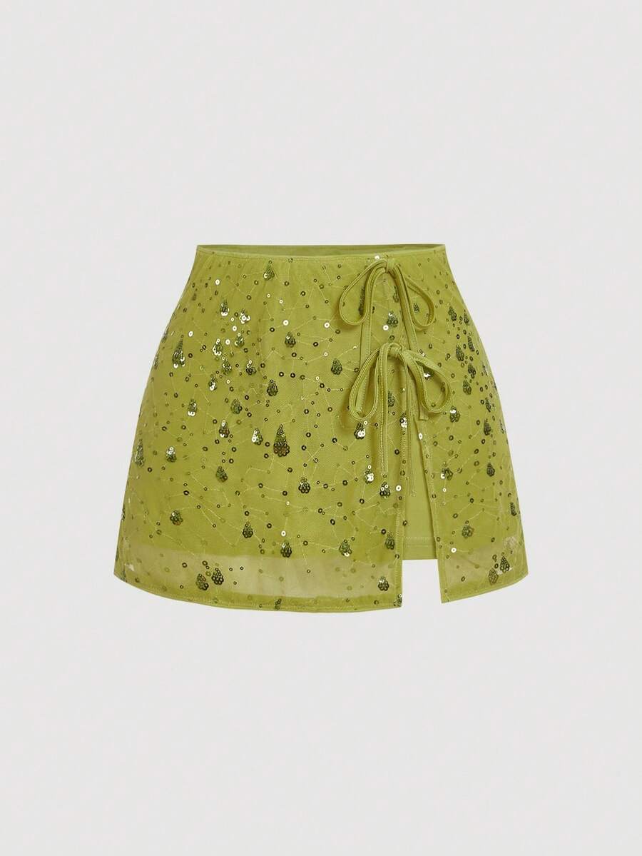 SHEIN MOD Minifalda verde con cintura anudada y lentejuelas para mujer, para uso en el oeste, vacaciones, playa, estilo bohemio, estilo del oeste, cumpleaños, conciertos de música country, raves, estilo de "old money" para mujer, estilo "fairycore", falda de lentejuelas, falda con lazo, falda de verano, estilo bohemio