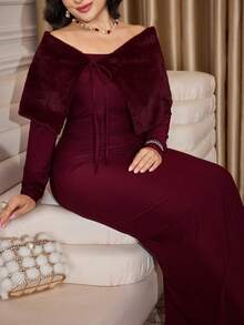 Modelyn Vestido elegante de mujer de talla grande con cuello de piel sintética desmontable - Burdeos - Ver 1