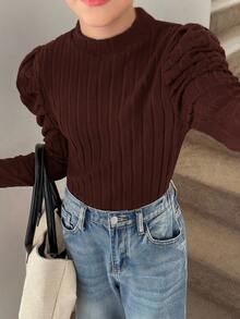 SHEIN 2pcs/Set Tween Girl Slim Fit Casual Mock Neck Raglan Sleeve Ribbed T-Shirts, Girls Ribbed Set, Girls Long Sleeve Tops, Solid Color Tops Tween Girl - Brown - View 5