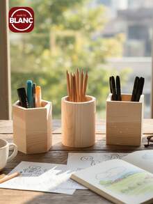 Madebyblanc 1pc Wooden Pen Holder Stationery Storage Box - White - View 2