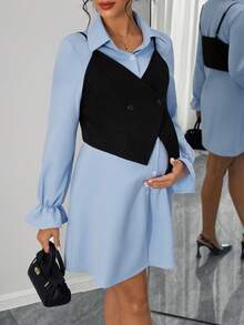 SHEIN Bộ 2 váy bầu: Áo không tay + Váy - Màu xanh lam - Xem 5