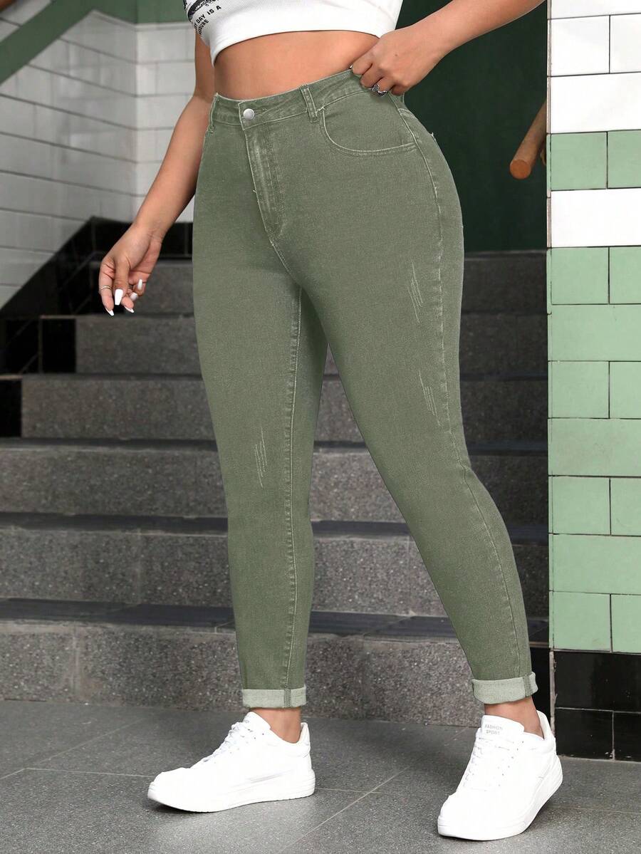 SHEIN CURVE+ Plus Size Stretchy Skinny Jeans - Army Green - View 1