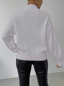 EMERY ROSE Pulover casual pentru femei, cu model grafic, croială lejeră, cu umeri căzuți, guler înalt, potrivit pentru naveta zilnică de toamnă/iarnă - Gri deschis - Vizualizare 2