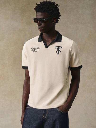 STYNVO Men's Casual Contrast Trim Letter Print Short Sleeve Polo Shirt, Summer College Style Pattern Polo Men Men Polo Shirts Mens Golf Shirt Rugby Shirt Polo Mens Jersey Shirt