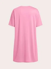 TOM & JERRY X SHEIN 女士休闲可爱卡通字母图案短袖睡裙，夏季，哞哞睡衣 - 粉色 - 查看 2