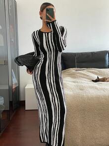 Livesso Elegant Fitted Black & White Round Neck Sweater Dress For Women, Autumn/Winter - Black and White - View 3