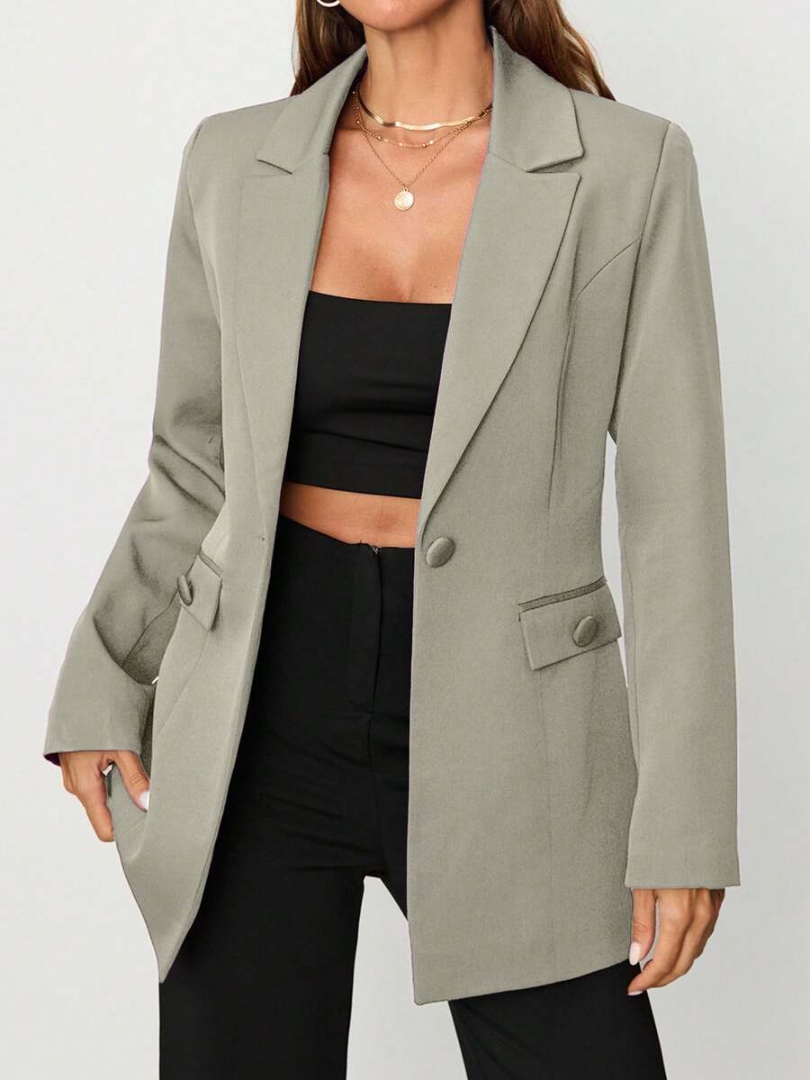 EURMUSE Women's Purple Button Front Pocket Detailed Elegant Blazer Jacket - Beige - View 1