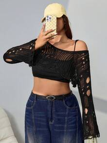 SHEIN EZwear Plus Size Solid Color Cutout Shoulder Long Sleeve Hollow Out Knit Fashionable Cropped Pullover Sweater - Black - View 6