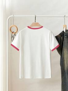 SHEIN Women's Contrast Color Simple Print Round Neck Short Sleeve T-Shirt - Multicolor - View 2